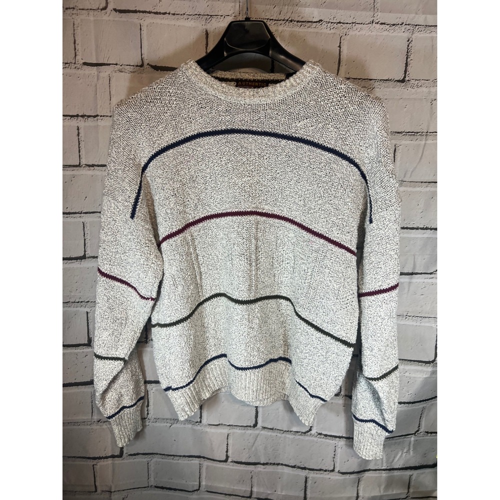 Vintage 90s Authentic Issue 90 XL Cotton Sweater Made USA Striped Crewneck